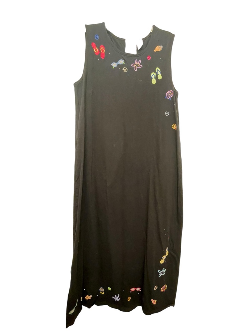 MICHAEL SIMON Vintage Tank Maxi Dress Black Sleeveless Colorful Beach Motif 1X